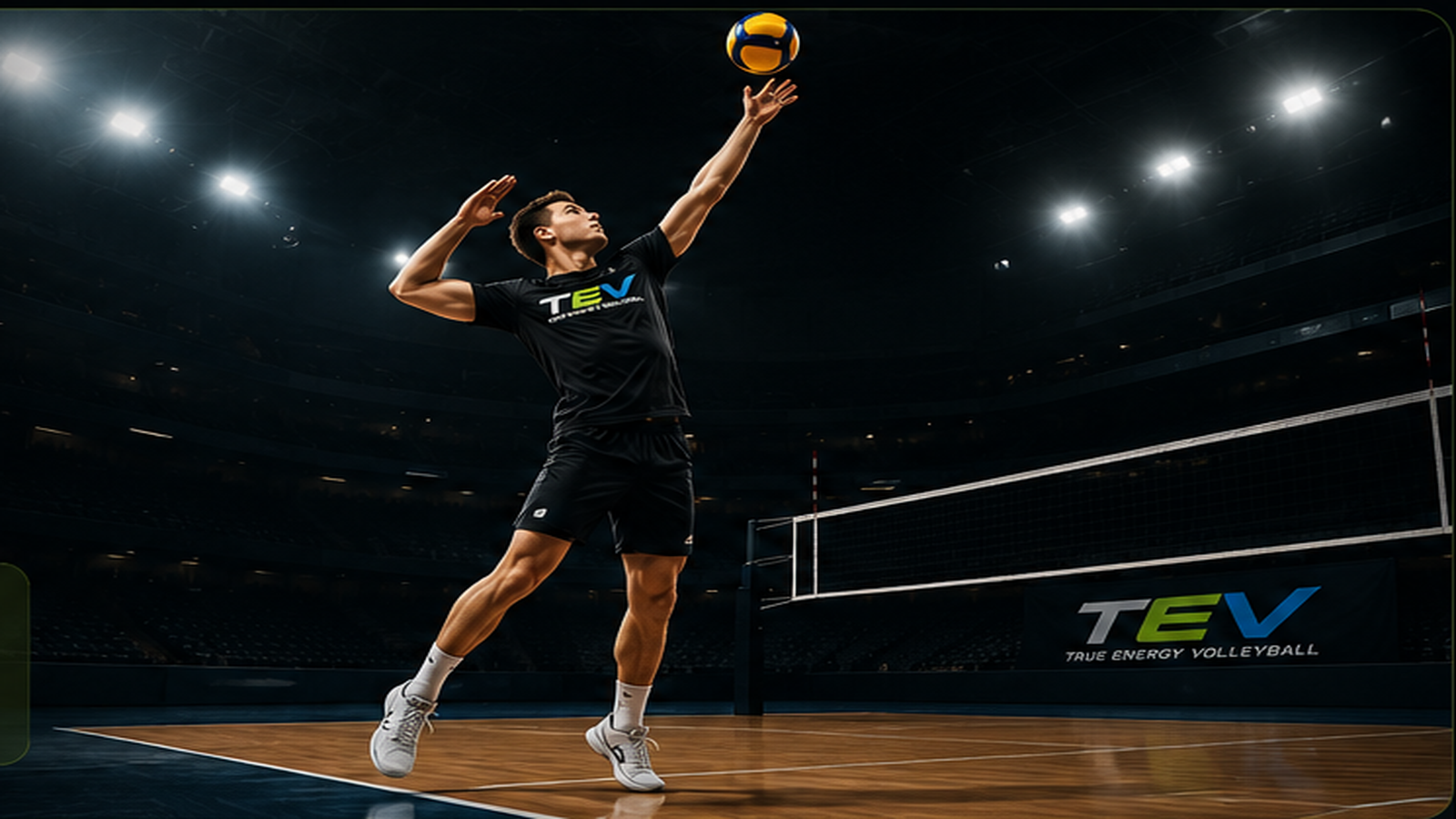 Professional volleyball player preparing to serve on an indoor court